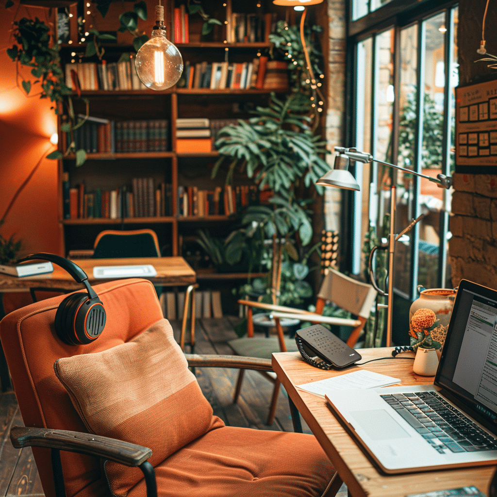 A cozy workspace with a laptop and notebooks, ideal for creating fiction branded podcasts.