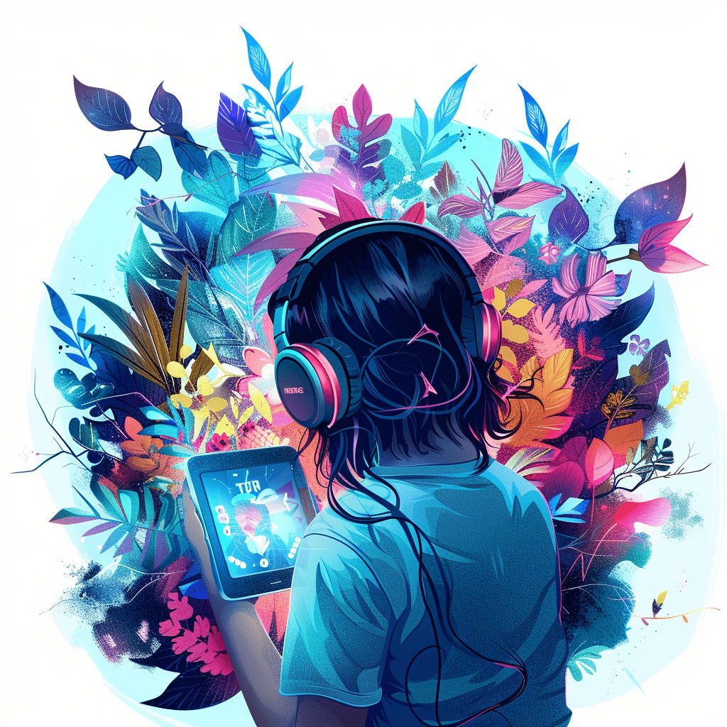 A person listening to a fiction branded podcast on a digital device, with story elements coming to life around them.