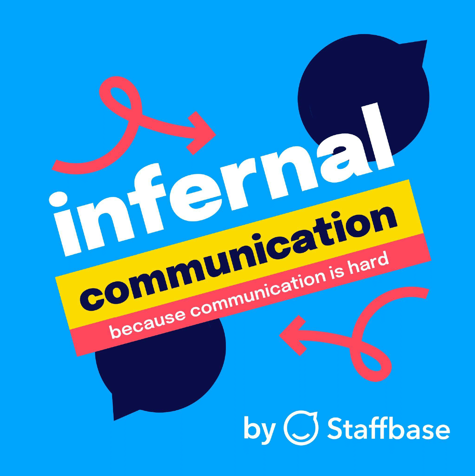 Logo of the 'Infernal Communication' podcast by Staffbase, showcasing a playful and colorful design, emphasizing the challenges of communication with speech bubbles and twisty arrows, relevant for discussions on the ROI of a branded podcast.