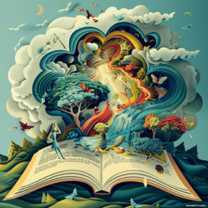 An imaginative landscape with characters emerging from open books, representing the creativity of fiction branded podcasts.