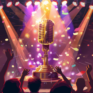 Golden microphone trophy on stage at the Podcast Awards Ceremony 2024.