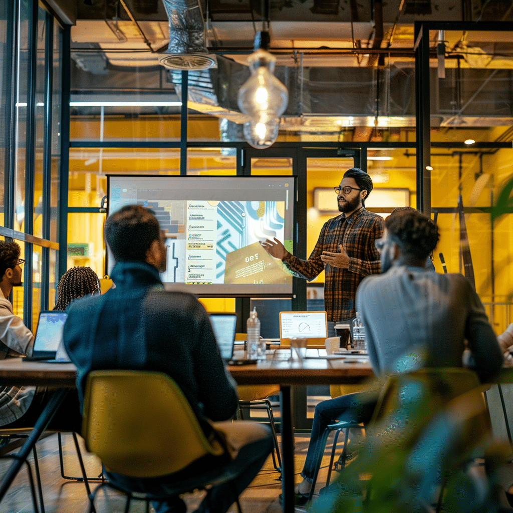 Group of people in a conference room learning about podcast formats for business.