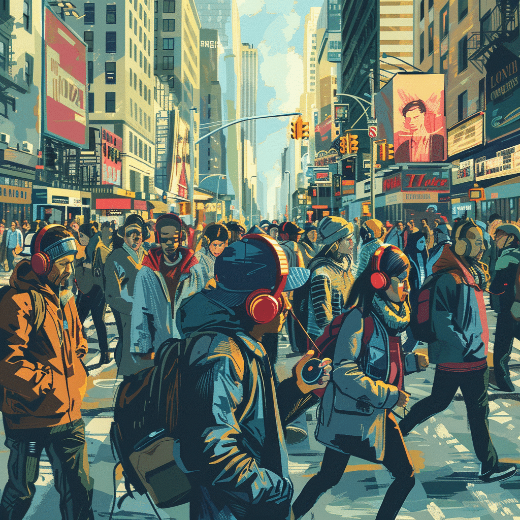 People in a city listening to audio stories, illustrating the diverse emotional impact of storytelling.