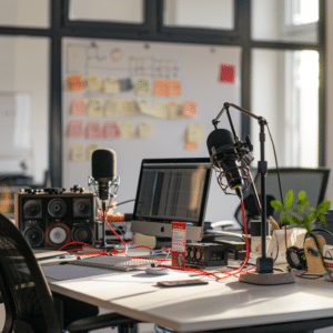 A podcast studio with a storyboard showcasing the "red thread" concept.