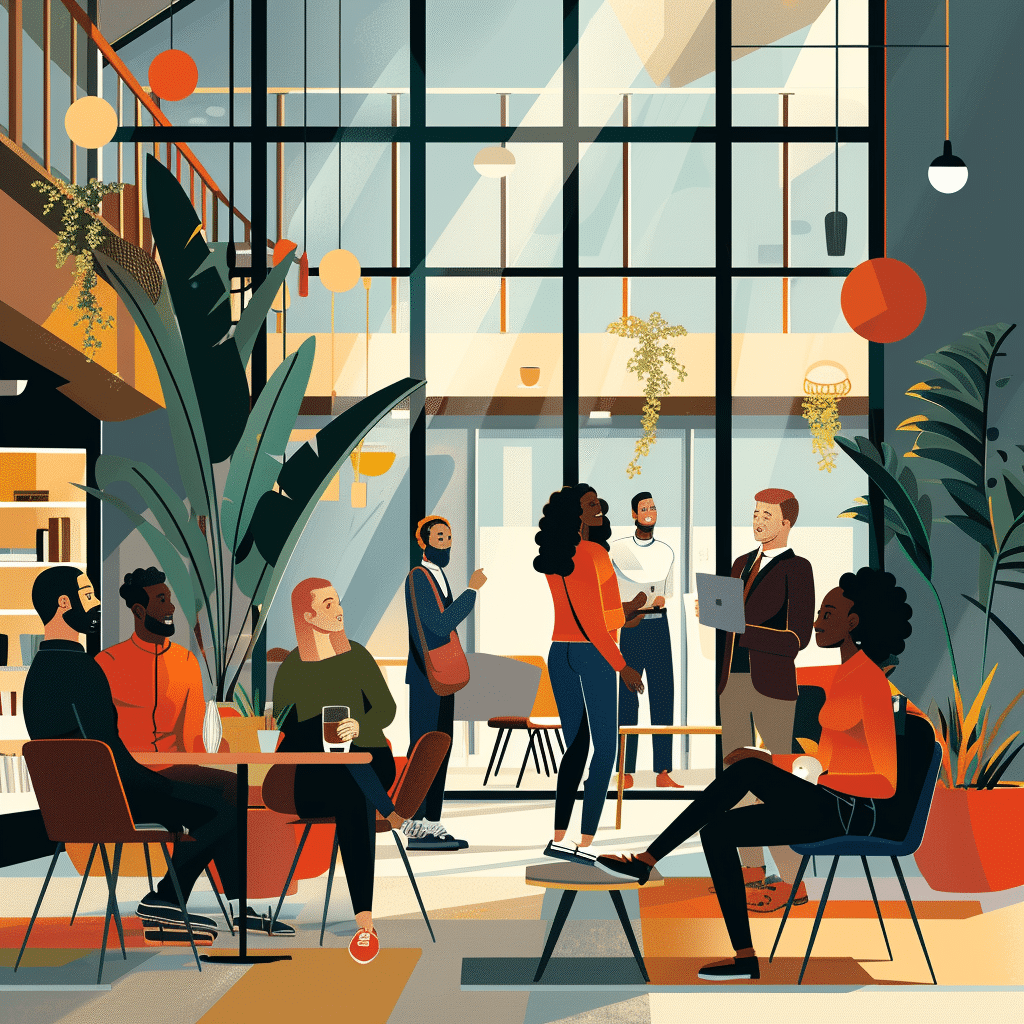 Professionals networking in a contemporary space, emphasizing strategies for landing podcast guests.