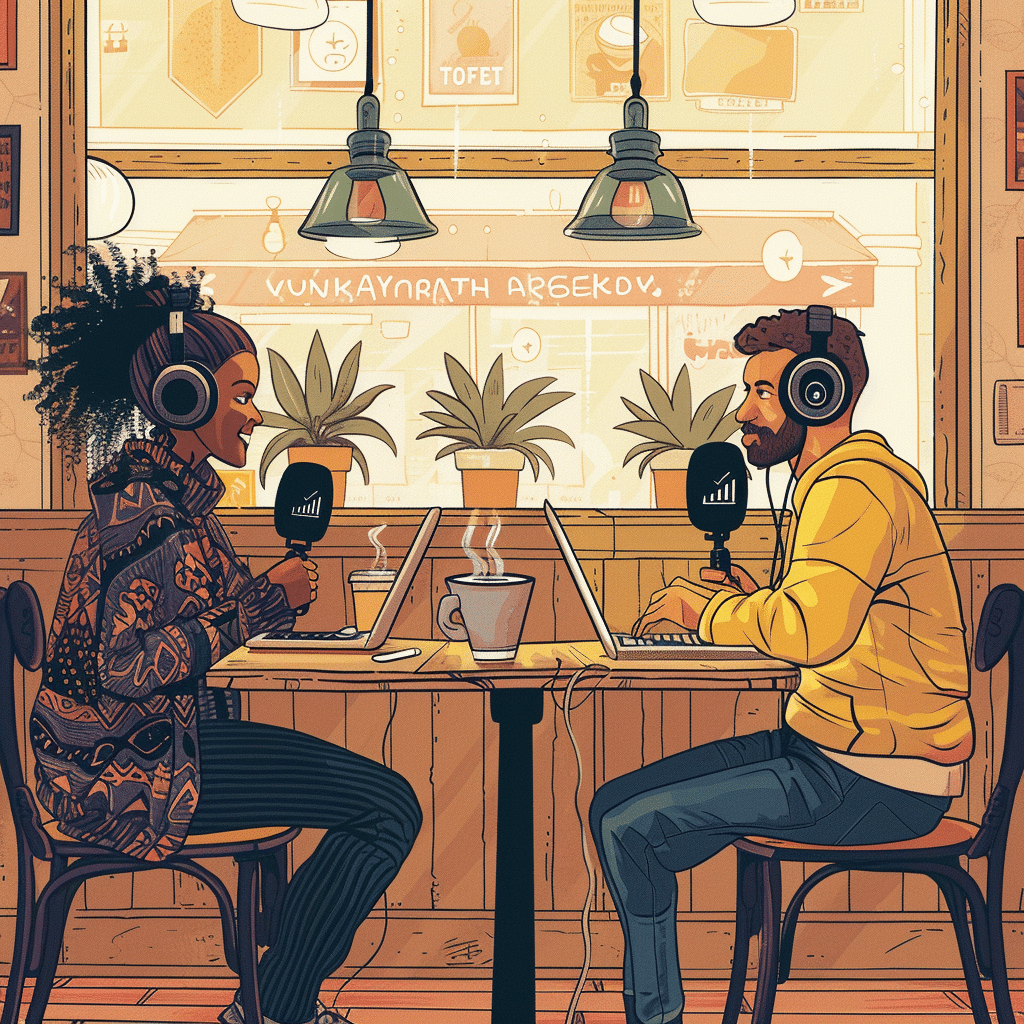 Two people conducting a podcast pre-interview in a coffee shop.