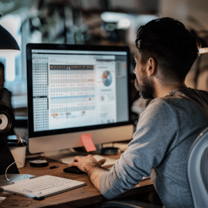 A business professional strategizing podcast names for B2B marketing.