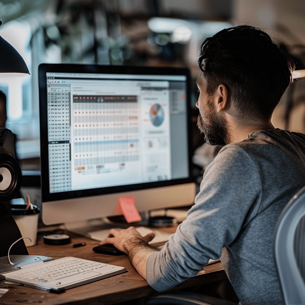 A business professional strategizing podcast names for B2B marketing.
