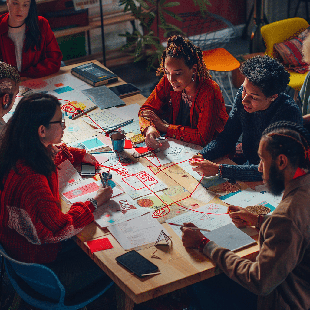 A team of podcast creators brainstorming with the "red thread" concept visible.