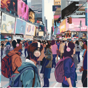 City dwellers listening to podcasts, showcasing the role of audio content in brand positioning.