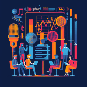 An illustration featuring upward-trending graphs and diverse audience icons representing audience growth.