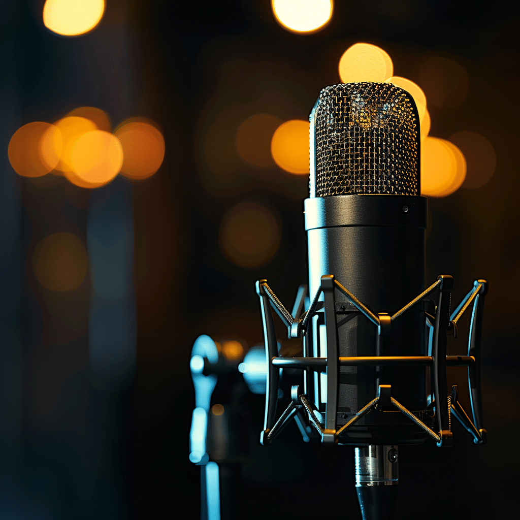A high-quality microphone glowing subtly, symbolizing professional podcast production quality.