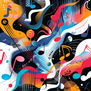 Abstract image showing musical notes and sound waves with different podcast genres, illustrating the importance of podcast music selection.