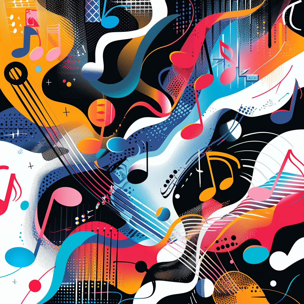 Abstract image showing musical notes and sound waves with different podcast genres, illustrating the importance of podcast music selection.