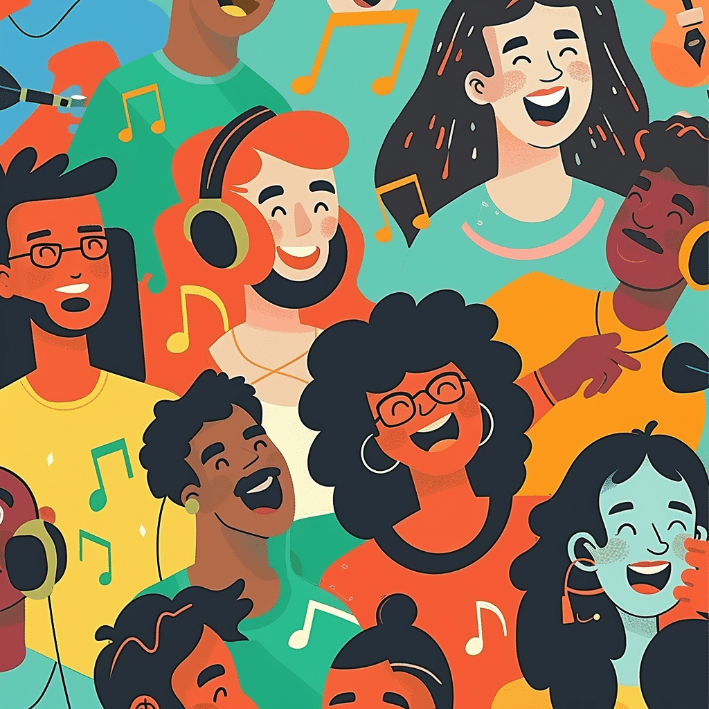 Diverse people reacting positively to a podcast, highlighting the impact of podcast music selection.