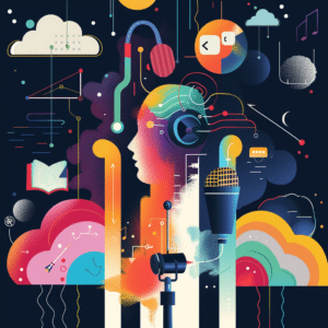 Abstract image showing a narrative arc with a microphone, sound waves, and storytelling icons, illustrating storytelling techniques for branded podcasts.
