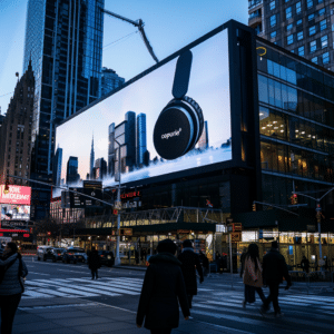 Digital billboard advertising a branded podcast in a busy urban area.