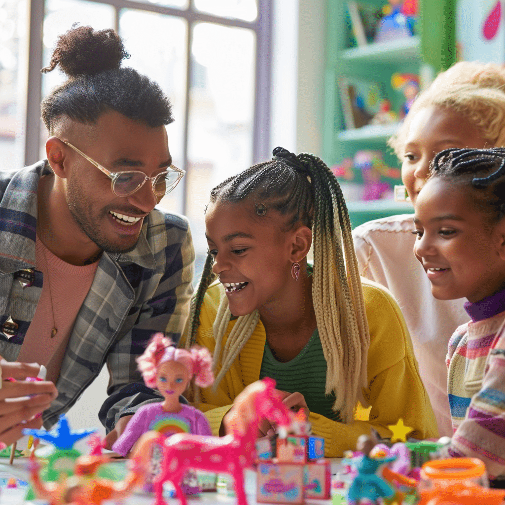 Diverse group of people engaging with nostalgic Barbie toys, highlighting content marketing lessons from Barbie movie.