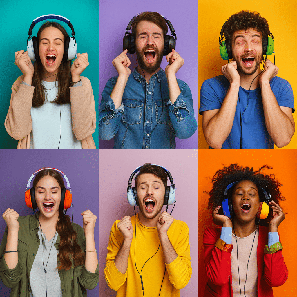 Diverse people reacting emotionally to soundscapes, highlighting the importance of sound design in podcasts.