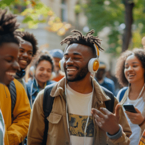 Diverse group enjoying a podcast in a city park, discussing the content