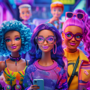 A colorful and dynamic image showing diverse people interacting with nostalgic toys and modern media, illustrating content marketing lessons from Barbie movie.