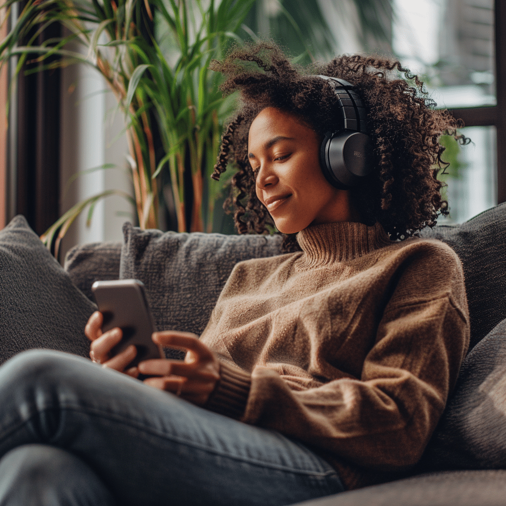 An individual listens to an AI-generated podcast, pondering the nuances of the content delivered by AI, highlighting the personal impact and audience reach of such podcasts.