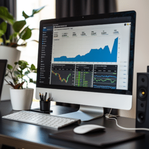 Computer screen with financial metrics from branded podcasts, including revenue graphs and ROI statistics.