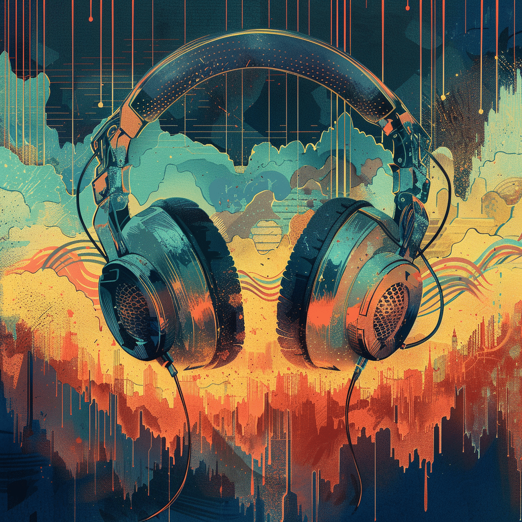 Illustration of storytelling blending with sound elements, highlighting harmonious sound design in podcasts.