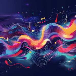 An abstract image depicting the importance of sound design in podcasts with sound waves, musical notes, and storytelling elements intertwining.