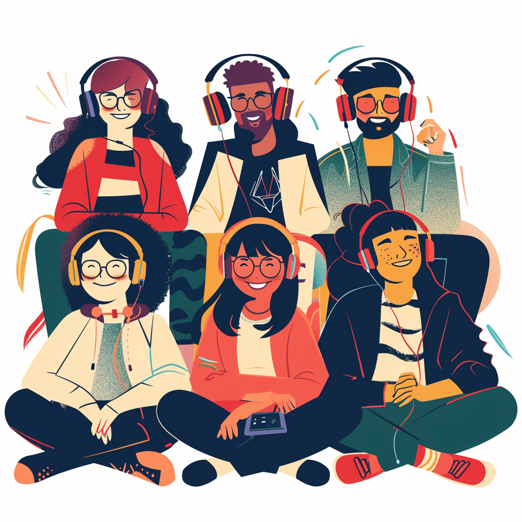 Diverse listeners engaging with branded podcasts, illustrating reciprocity in marketing.