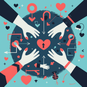 Abstract image illustrating reciprocity in marketing with hands exchanging gifts, hearts, and arrows indicating mutual benefit.