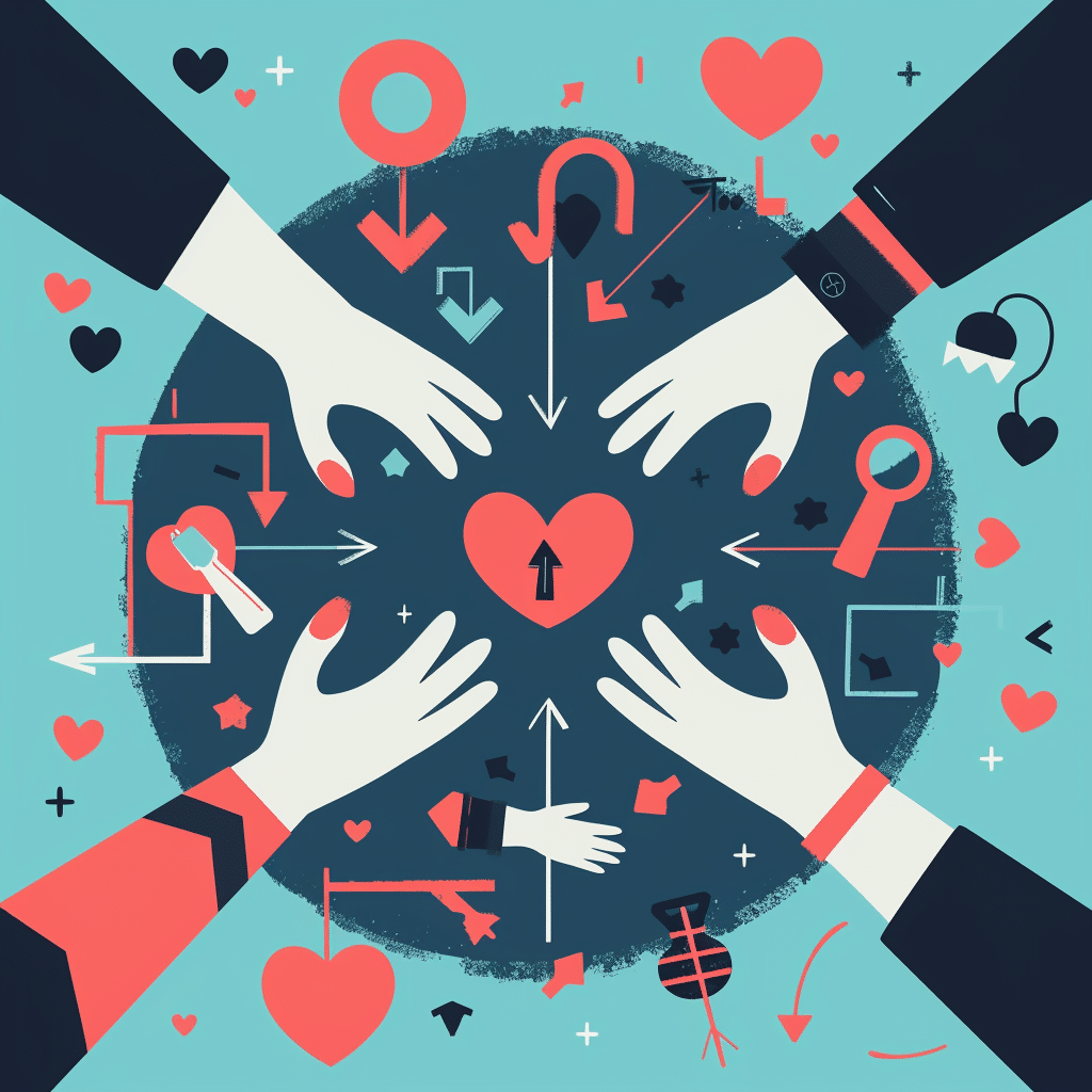 Abstract image illustrating reciprocity in marketing with hands exchanging gifts, hearts, and arrows indicating mutual benefit.