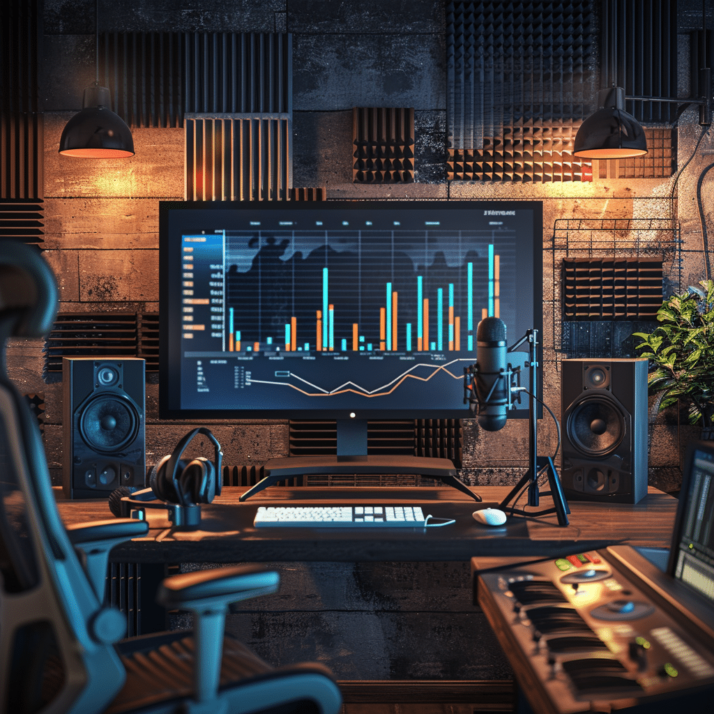 Podcast studio setup showcasing ROI metrics on digital displays, emphasizing the business impact of branded podcasts.