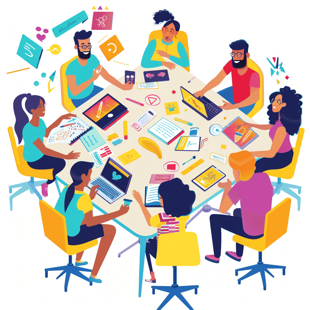 A team collaborates on podcast ideas in a creative brainstorming session.