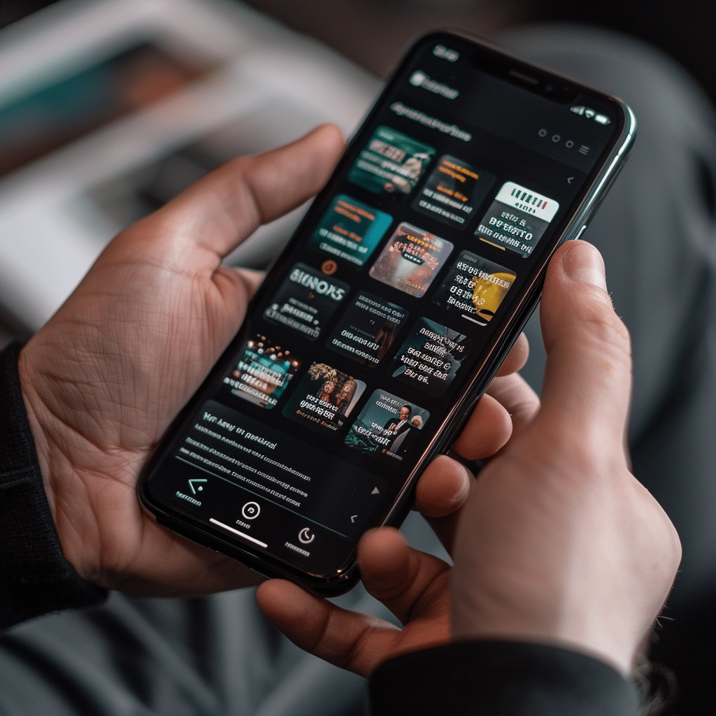Hand selecting a branded podcast on a mobile app.
