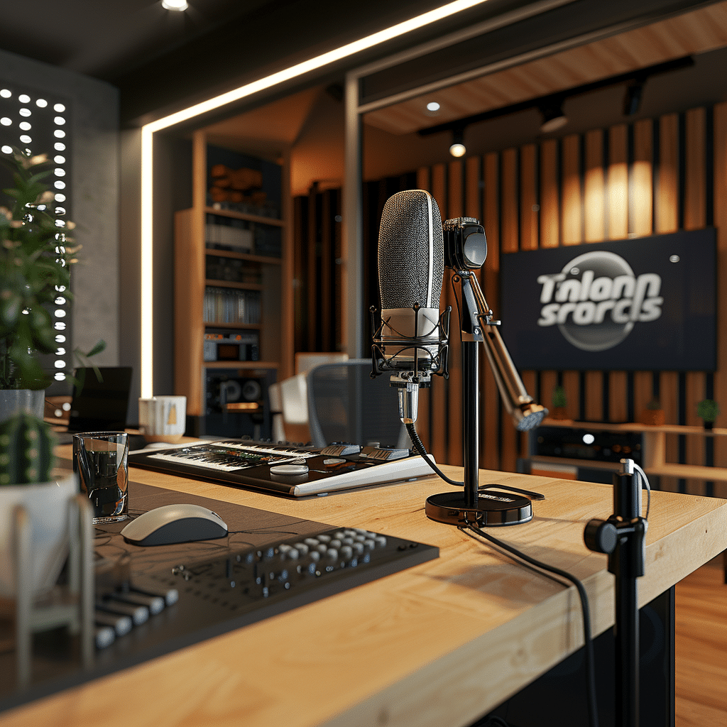 Host and guest engaging in a branded podcast recording in a modern studio.