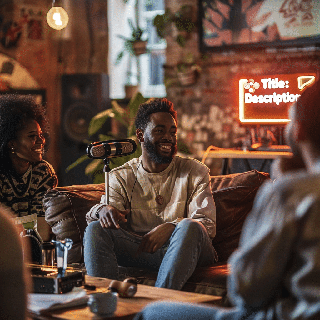 Listeners engaged with a branded podcast in a cozy home setting.