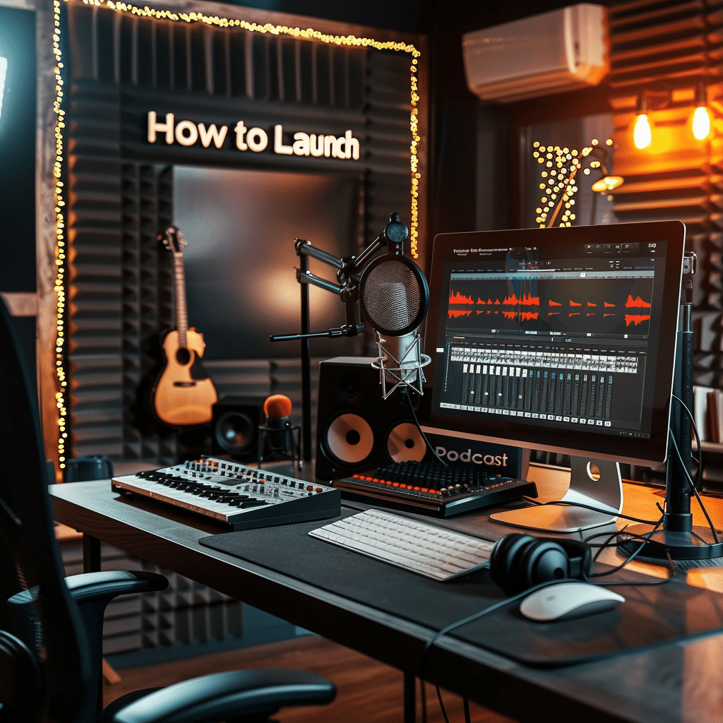 A well-equipped podcast studio showcasing tools necessary for launching a branded podcast.