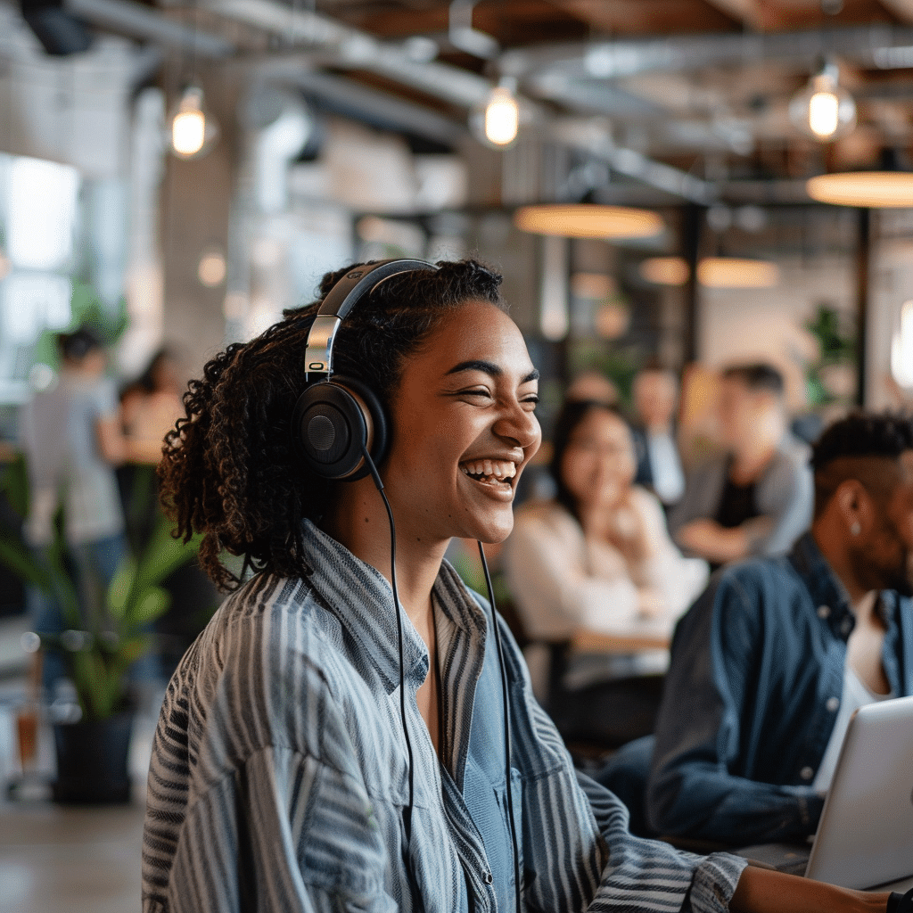 Employees in an office listening to internal podcasts