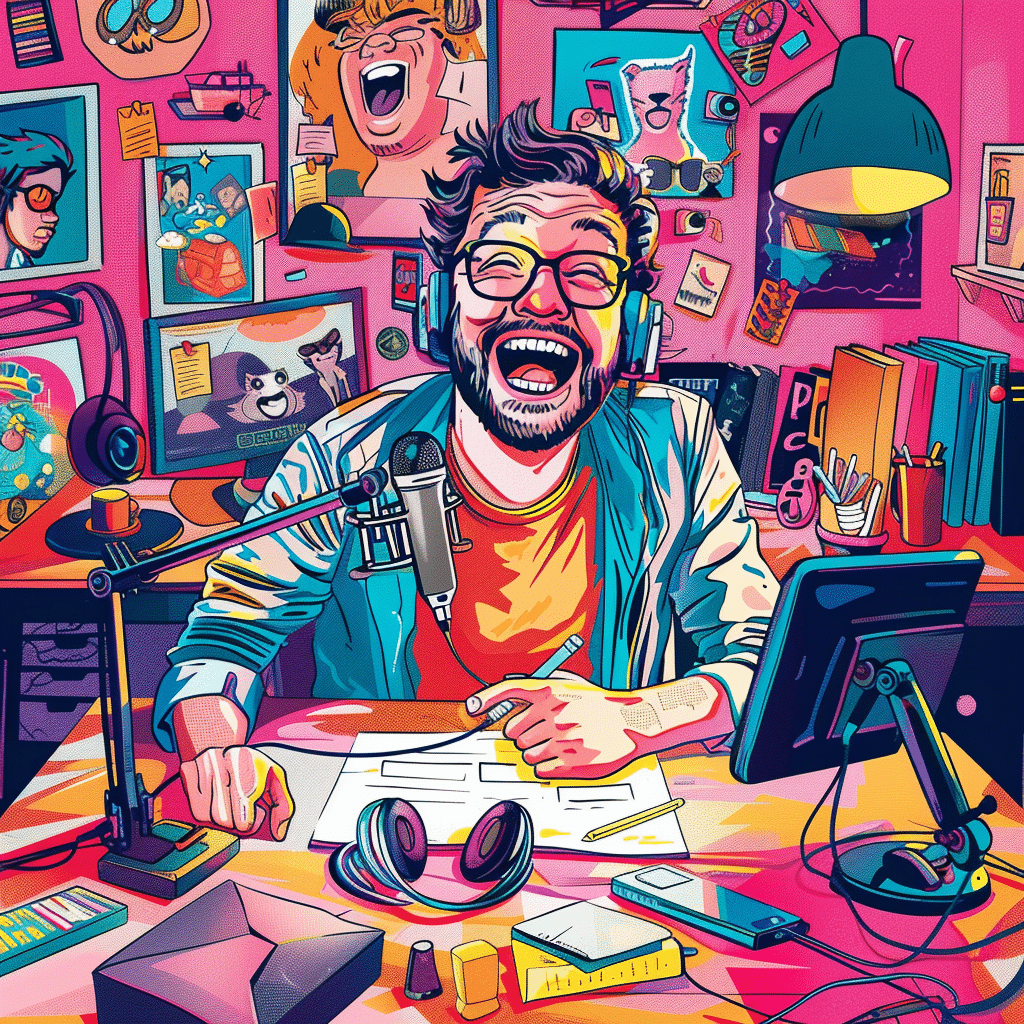 Host recording a humour branded podcast at home
