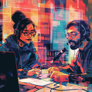 Podcasters collaborating over a digital platform