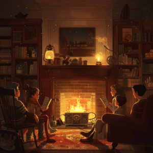 Family gathered around listening to a fiction podcast at home