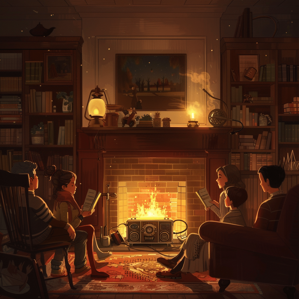 Family gathered around listening to a fiction podcast at home