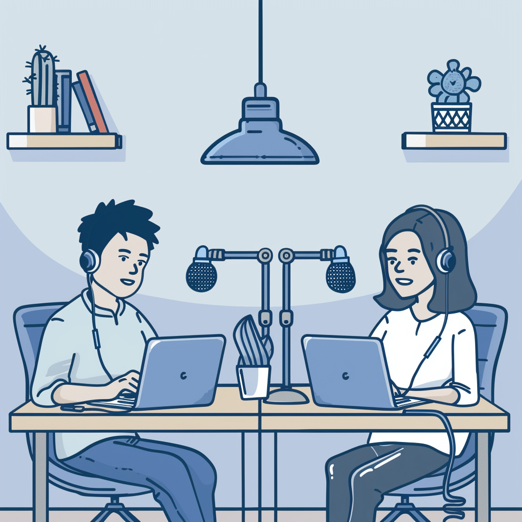 Two podcasters collaborating in a home studio