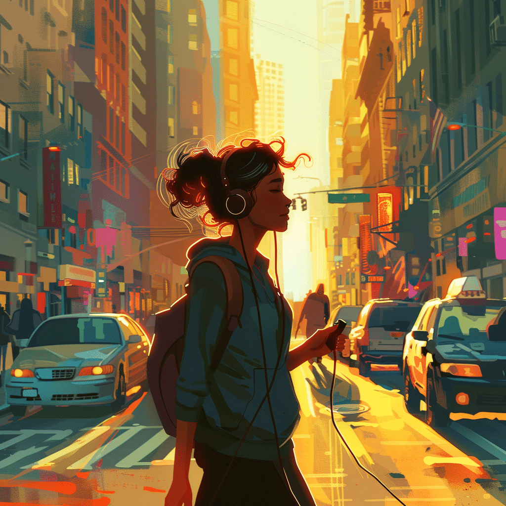 Person engrossed in listening to a fiction podcast in a busy city