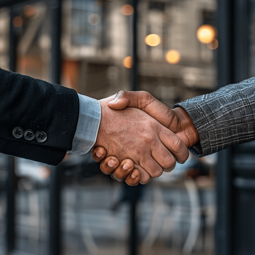Handshake between business leaders after a successful podcast collaboration