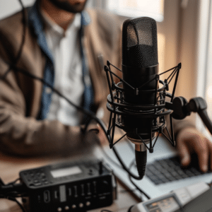 A professional recording a B2B podcast, showcasing the start of the podcast production process.