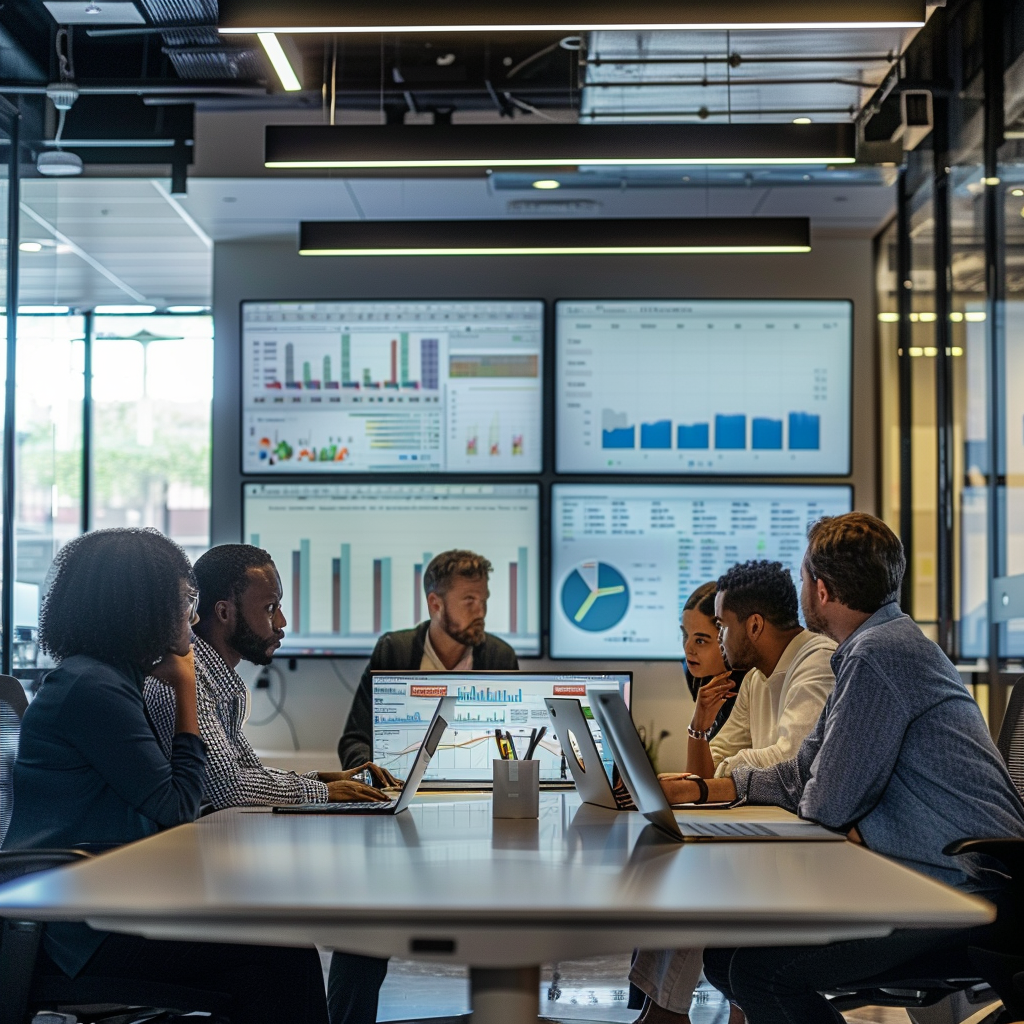 Marketing team discussing podcast strategies for engaging b2b audience
