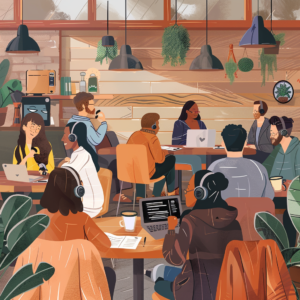 People in a café listening to a branded podcast