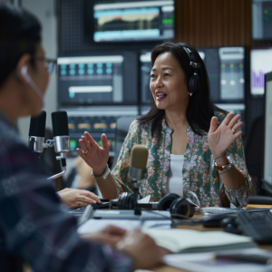 Branded podcast producer and team strategizing in a high-tech podcast studio.
